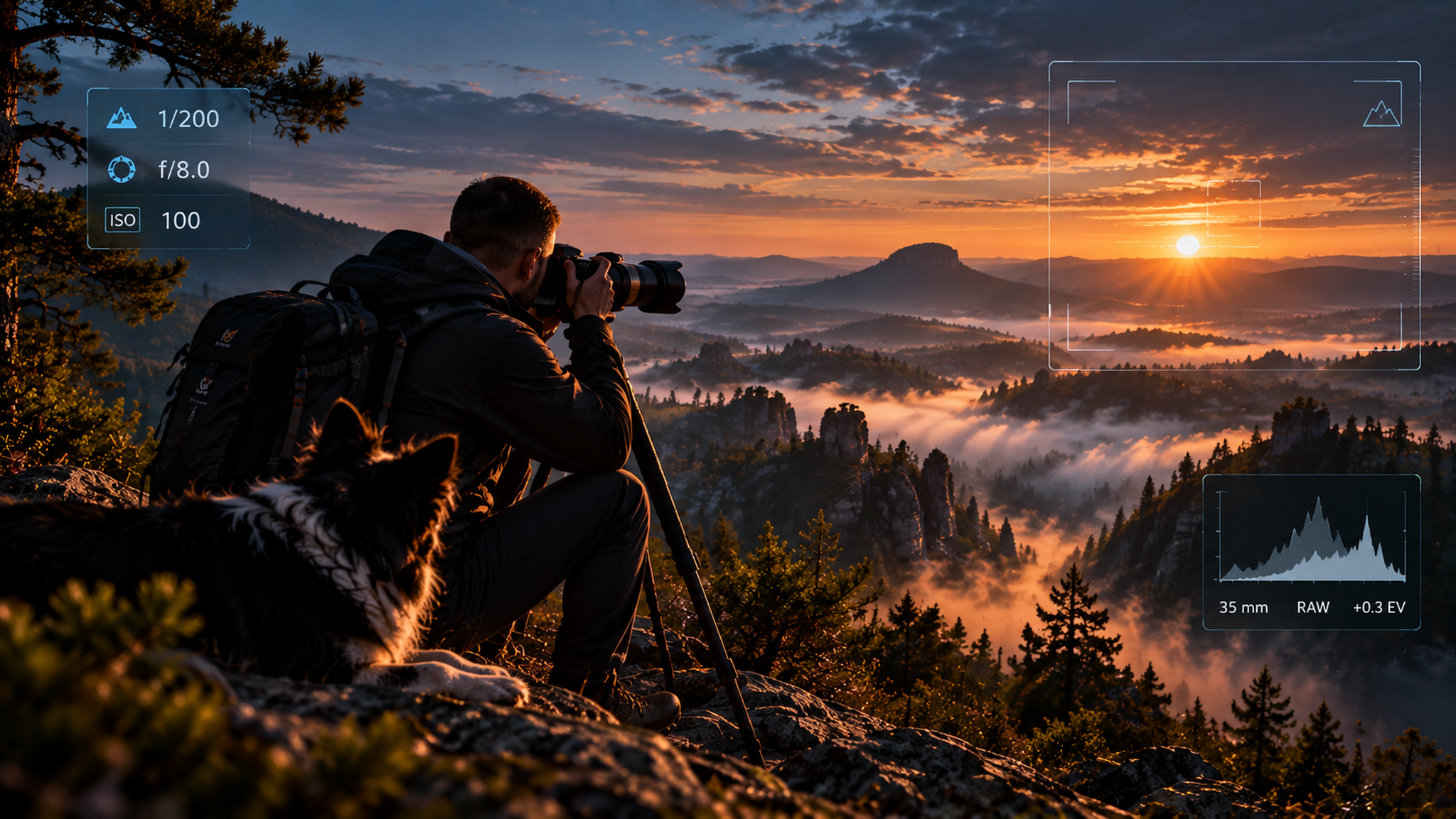 Kompozice hledáčku fotoaparátu se zlatým řezem a expozicí